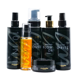 Charlie Miller styling products including gloss oil and 10-in-1 spray side-by-side on a white background